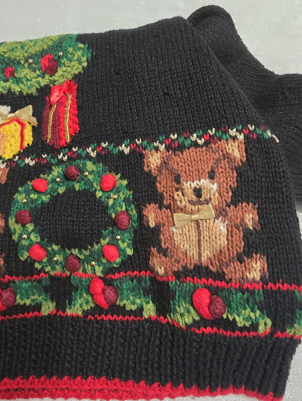 Vintage Casual Corner Christmas Tree Knit Sweater Gift Wreath Teddy Bear Motif - Picture 8 of 13